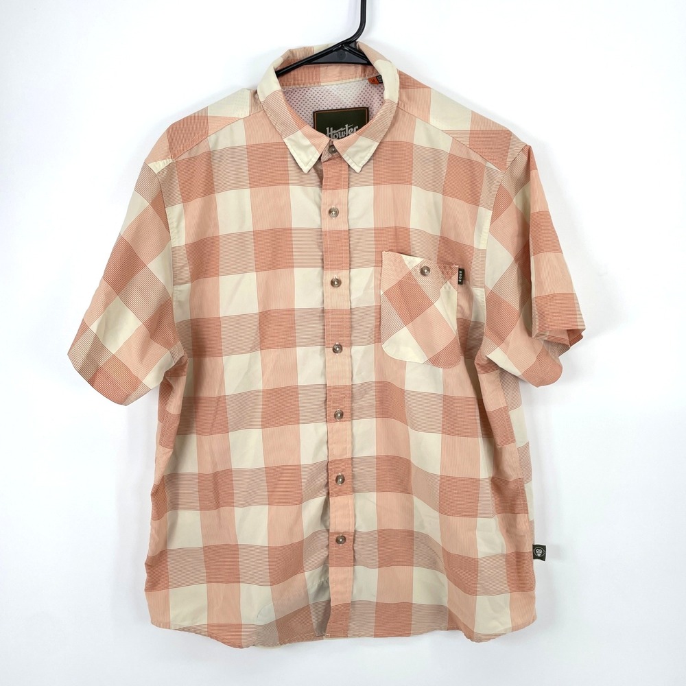 Howler Bros Mansfield Shirt Mens M Orange Cream Plaid Short Sleeve Button Up